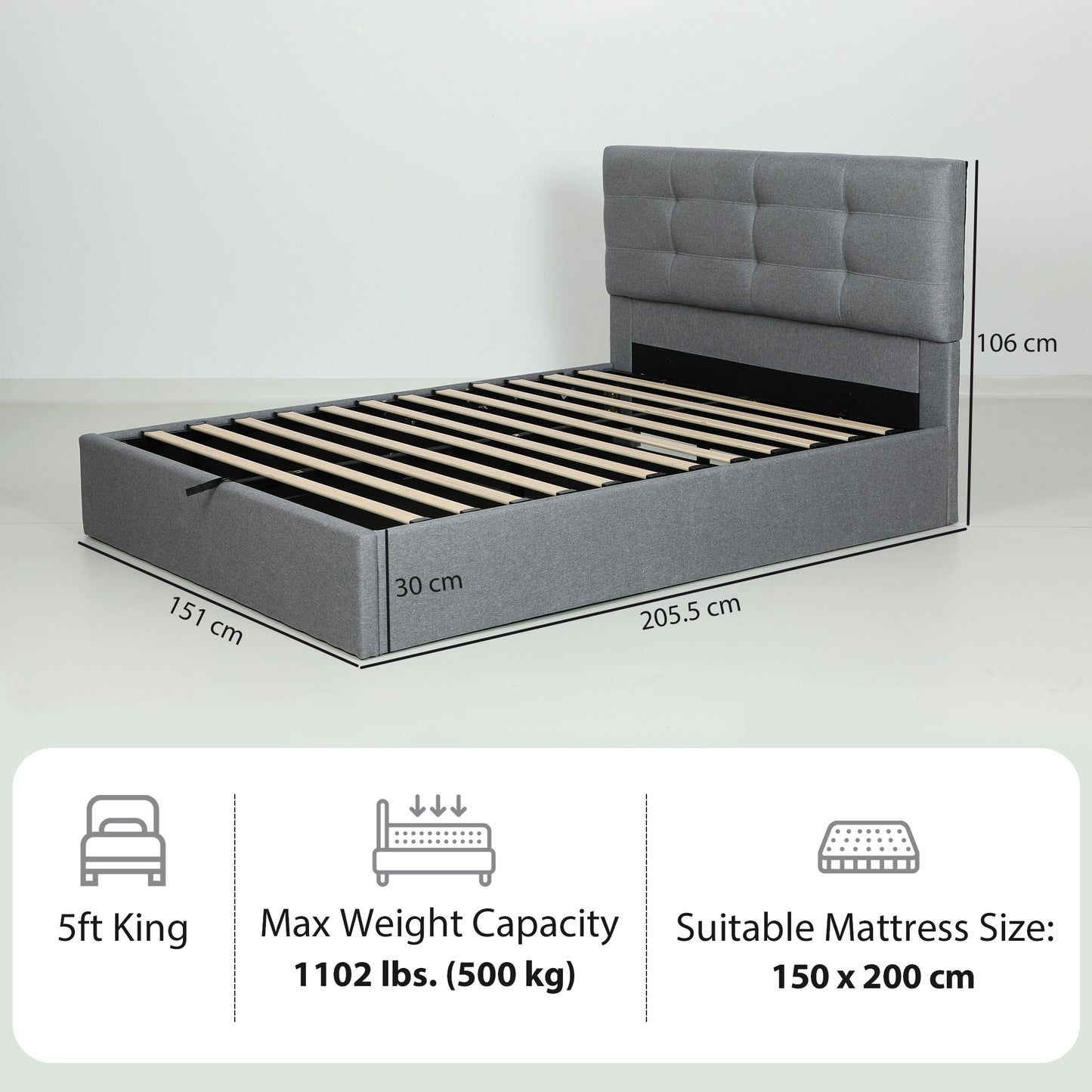 HOMCOM 5ft King Ottoman Bed With Gas Lift Storage And Upholstered Headboard In Grey