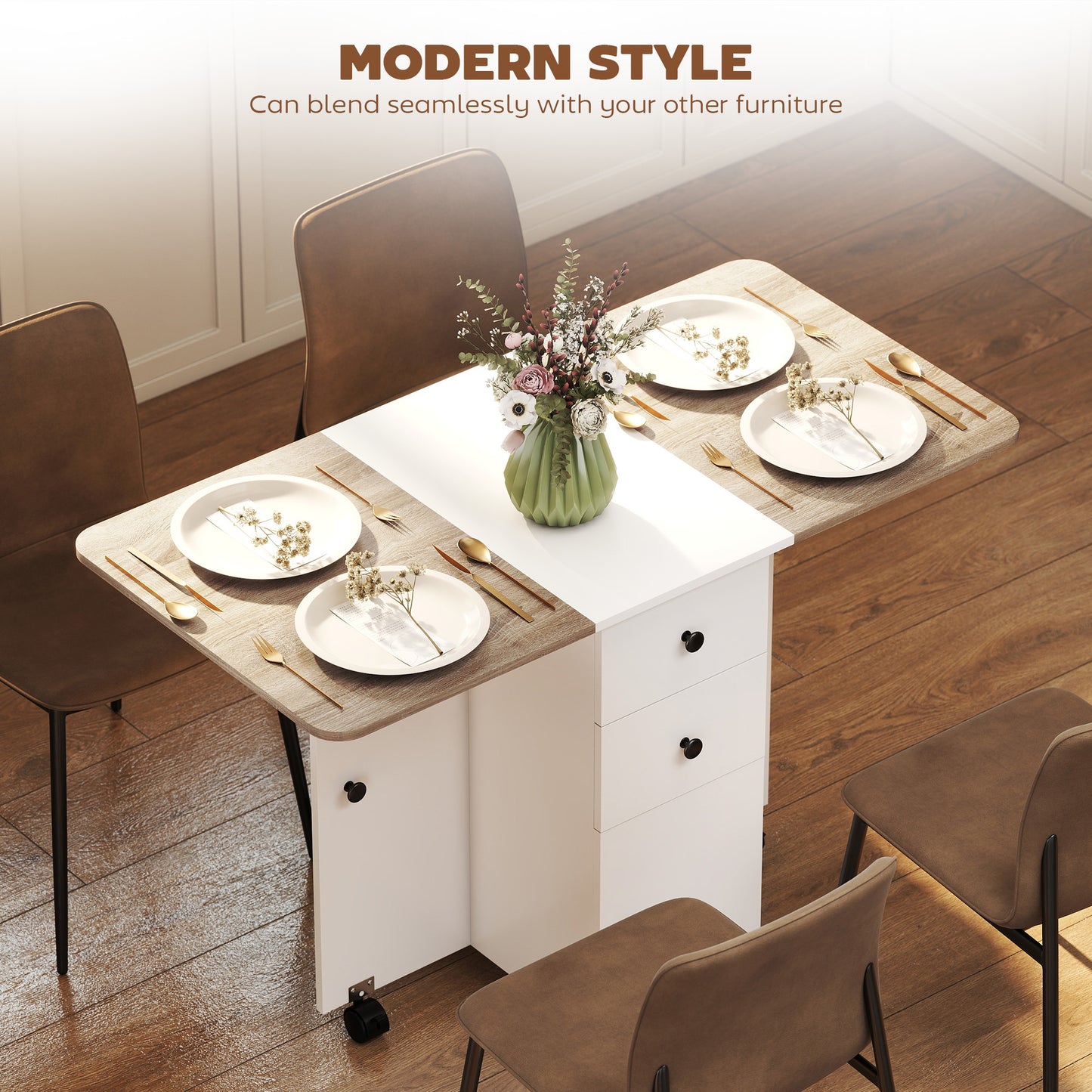 HOMCOM Multi Storage Drop Leaf Dining Table for Six Oak and White Space Saving Folding Table with Dual Leaves