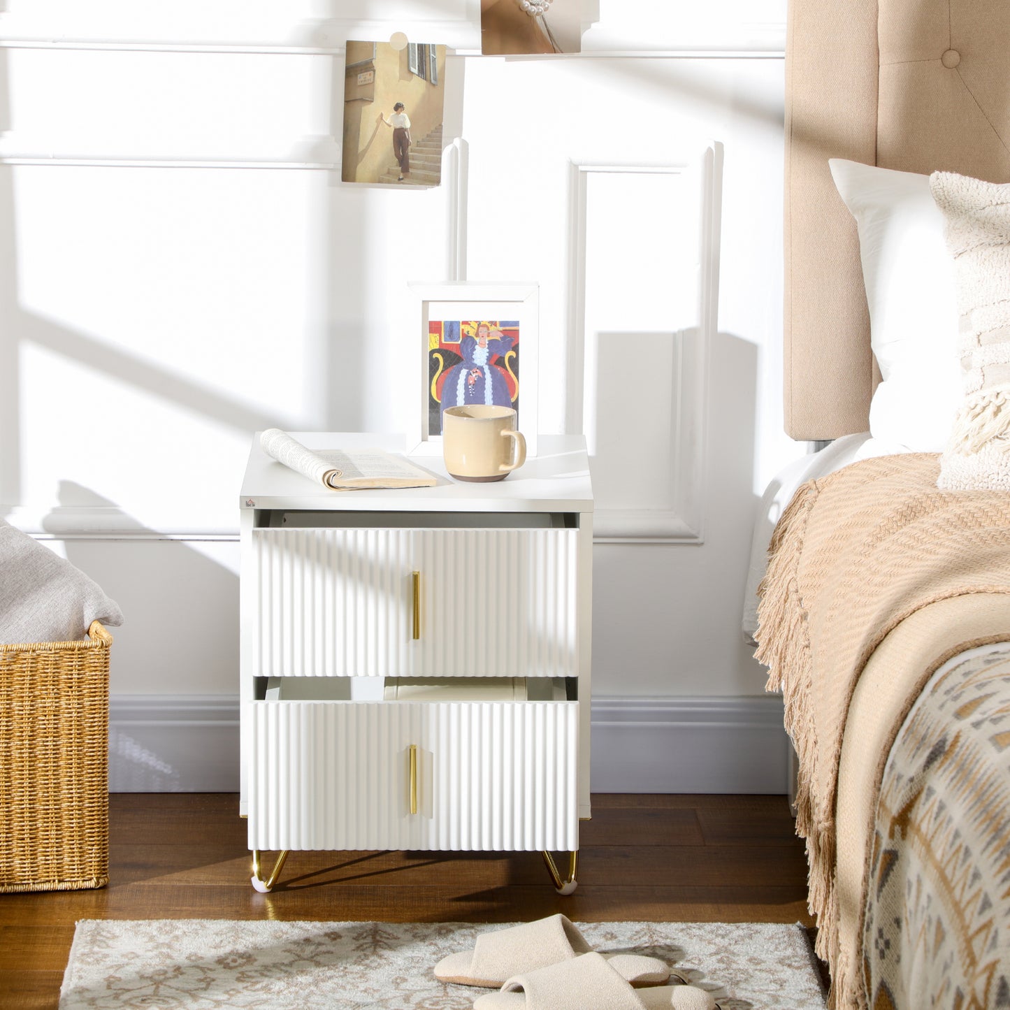 HOMCOM Set of 2 Two-Drawer Dressers in White with Gold-Tone Handles Ridged Fronts and Hairpin Legs