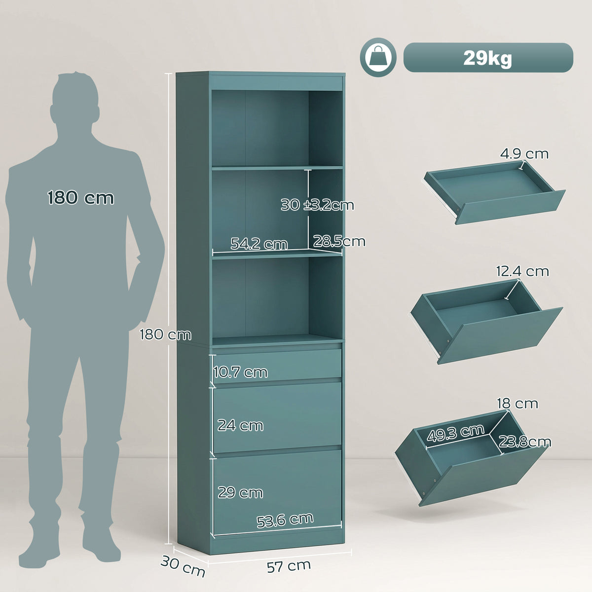 Light green narrow bookcase dimension chart with shelf and drawer measurements
