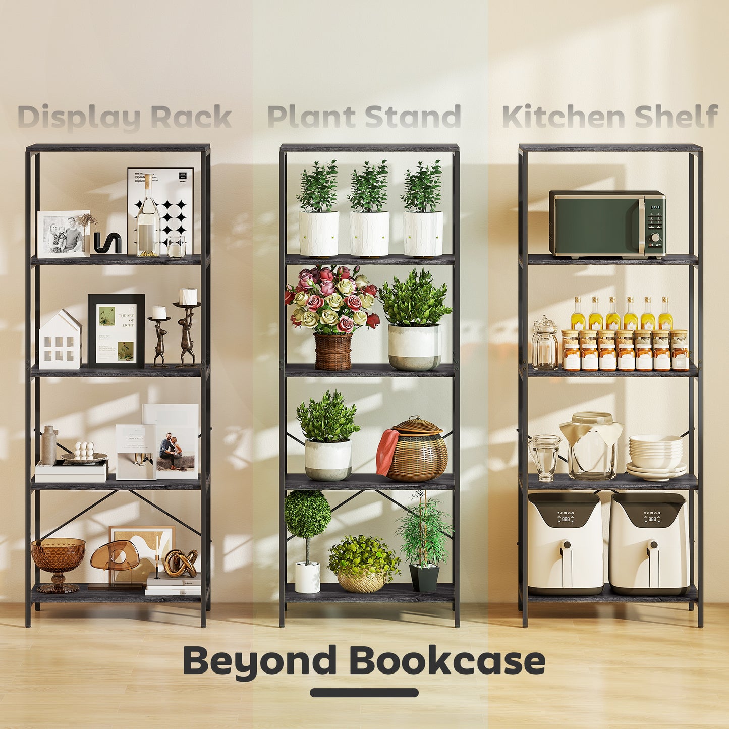 HOMCOM 5 Tier Bookshelf Industrial Bookcase With Metal Frame Black And Dark Wood Effect