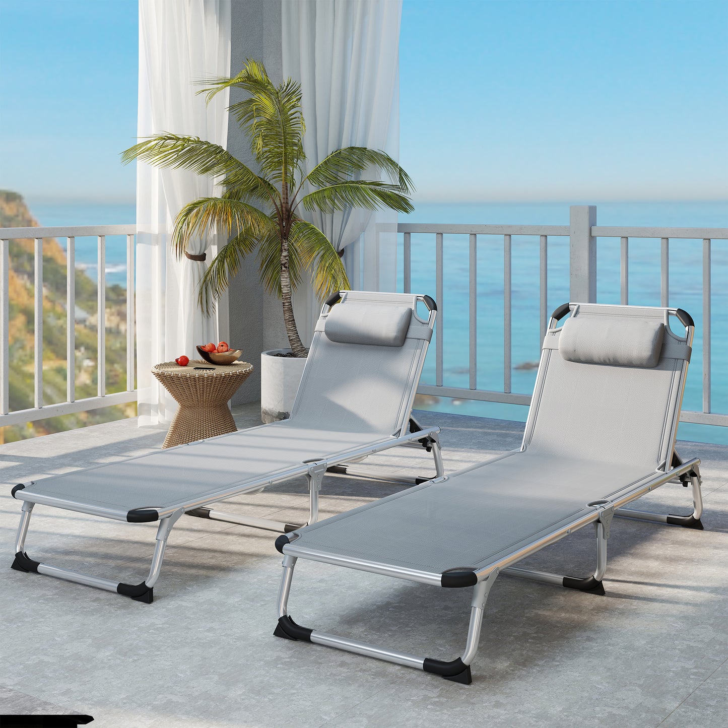 Outsunny Foldable Outdoor Sun Lounger Set Of 2 With Pillow 4 Level Adjustable Back Aluminium Frame Light Grey