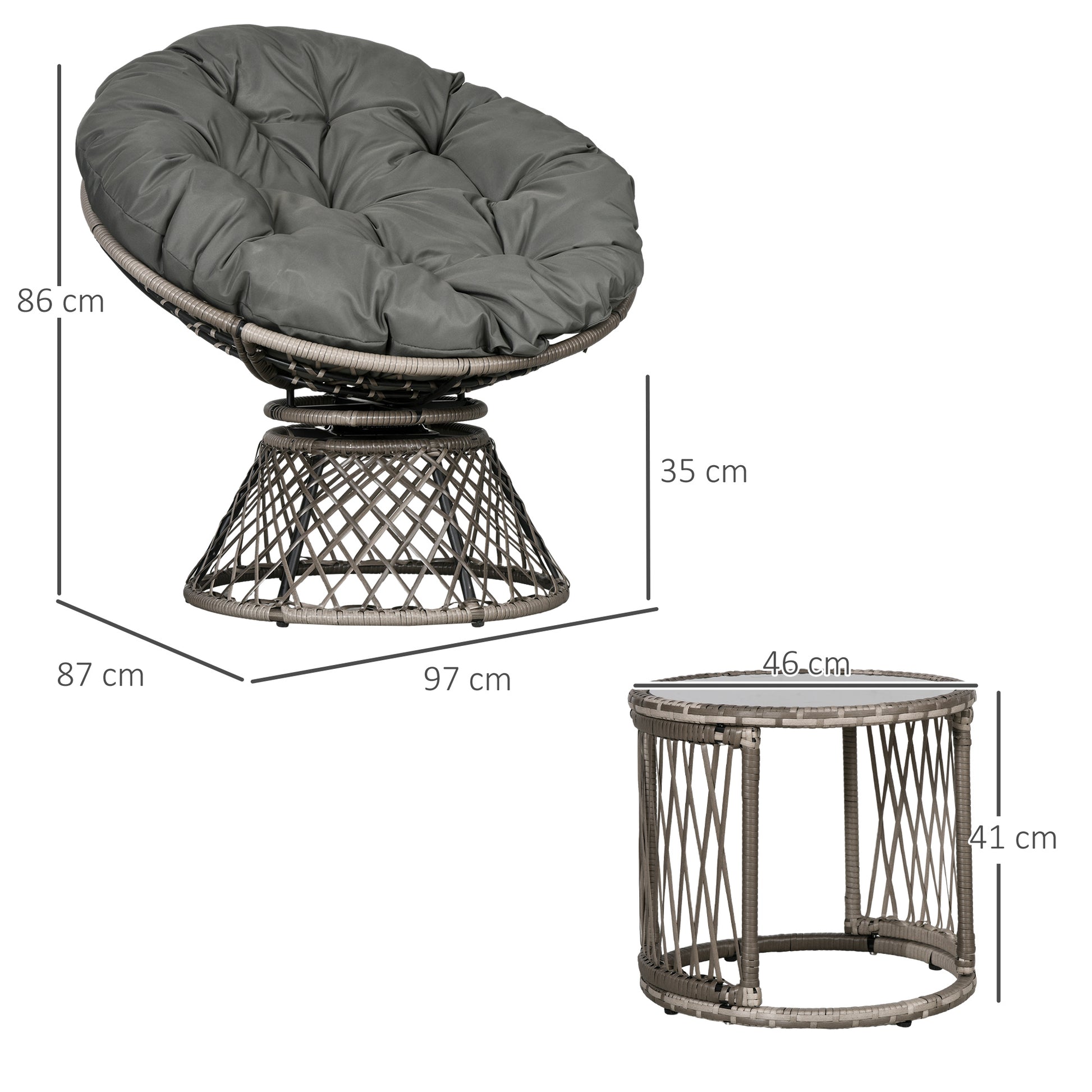 Outsunny Grey Rattan Outdoor Bistro Set with 360° Rotating Chairs and Glass Table - ALL4U RETAILER LTD