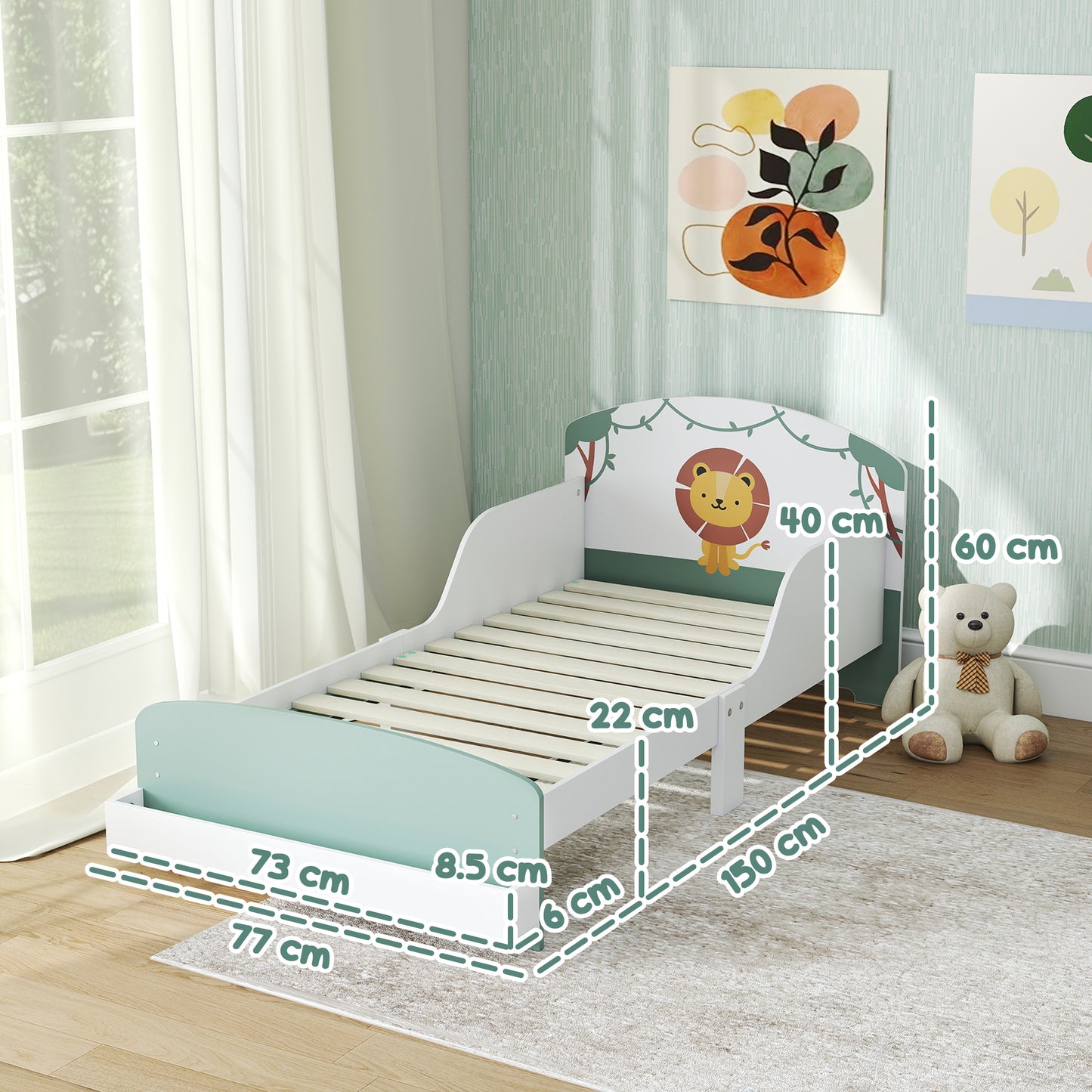 AIYAPLAY Toddler Bed With Storage And Guardrails Lion Design Fits 140 X 70cm Mattress Green Ages 3-8