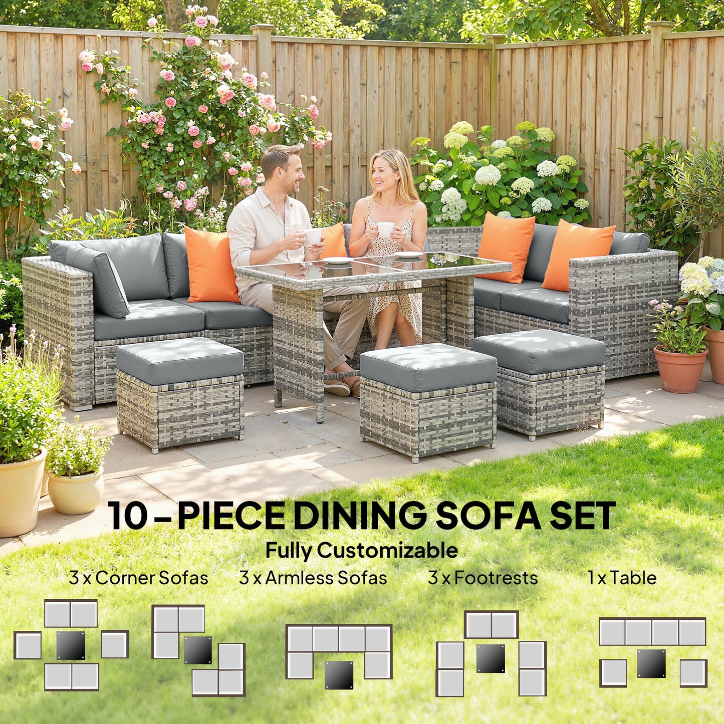 Outsunny 10 Piece Rattan Garden Furniture Set With 2 Corner Sofas 4 Chairs 4 Stools And Coffee Table For Outdoor Patio