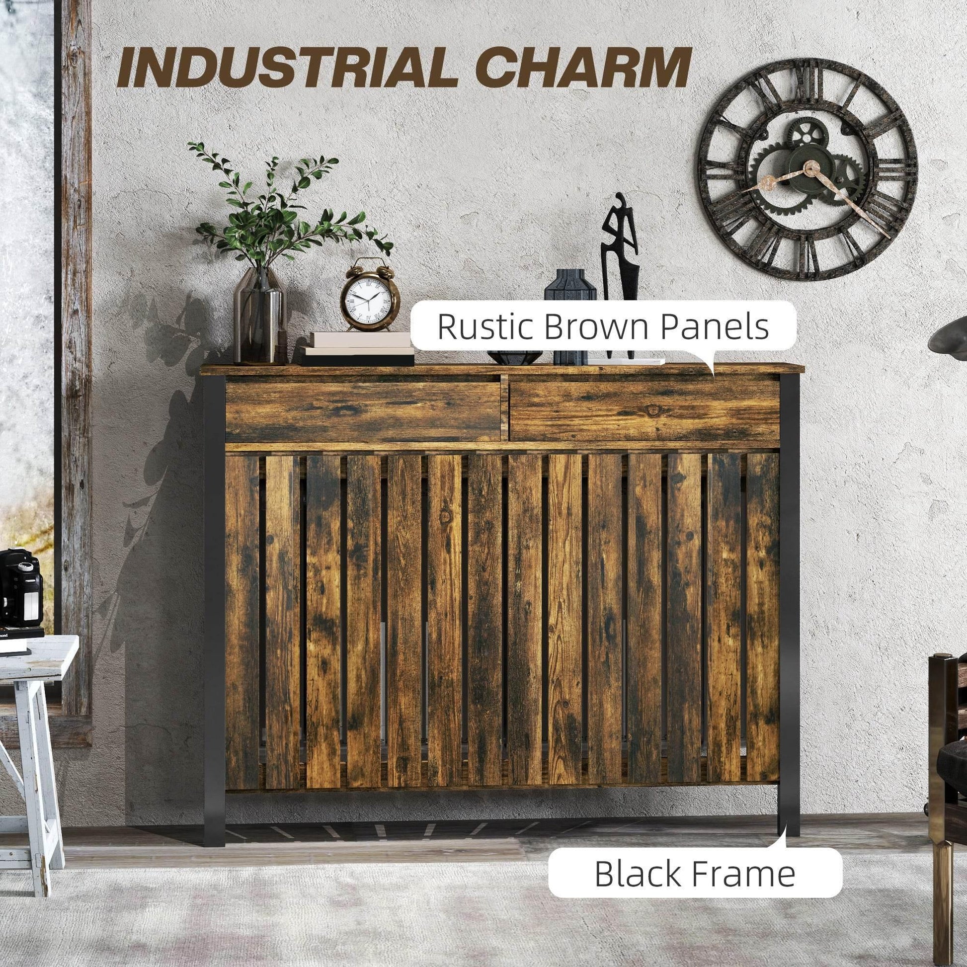 HOMCOM Industrial-Style Wooden Radiator Cover with Storage Drawers - Brown/Black - ALL4U RETAILER LTD