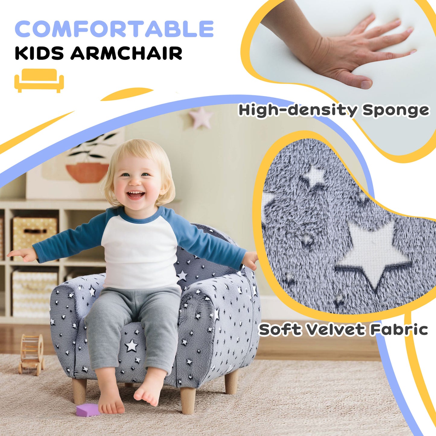 AIYAPLAY Kids Glow In The Dark Armchair With Star Design For Bedroom Playroom Kids Room Grey