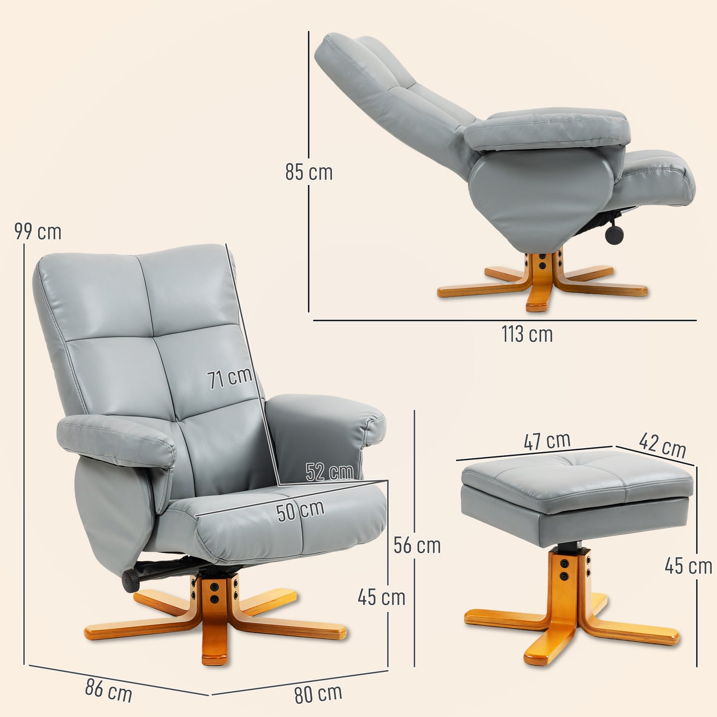 HOMCOM PU Leather Swivel Recliner Chair With Footstool And Hidden Storage For Living Room, Wooden Base, Light Grey