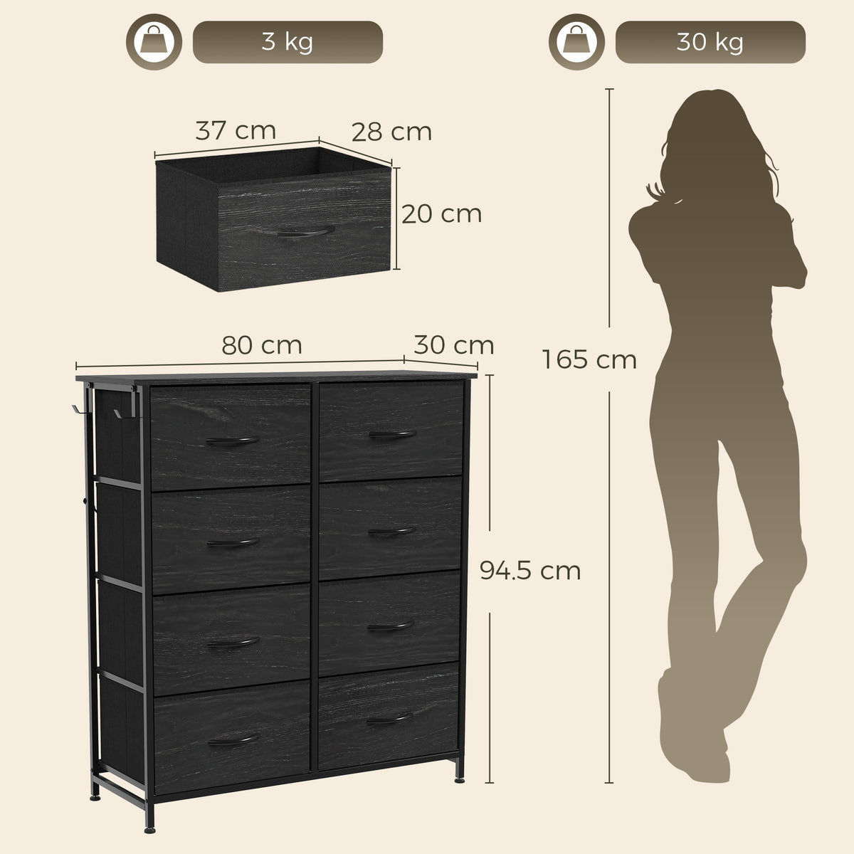 Homcom 8 Drawer Chest Fabric Dresser Steel Frame Bedroom Storage Black