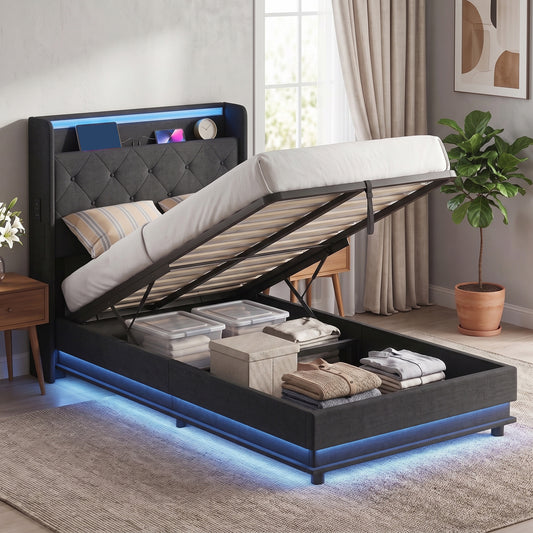 Black upholstered bed frame with tufted headboard, hydraulic storage, and blue LED lighting