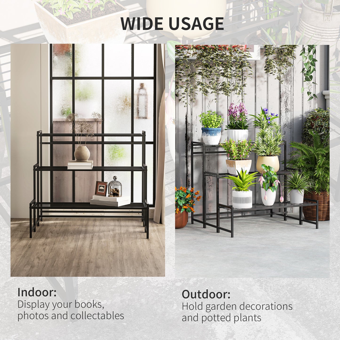 Outsunny Three Tier Metal Plant Shelf Stand Black Indoor Outdoor Garden Tiered Plant Organizer With Slatted Shelves