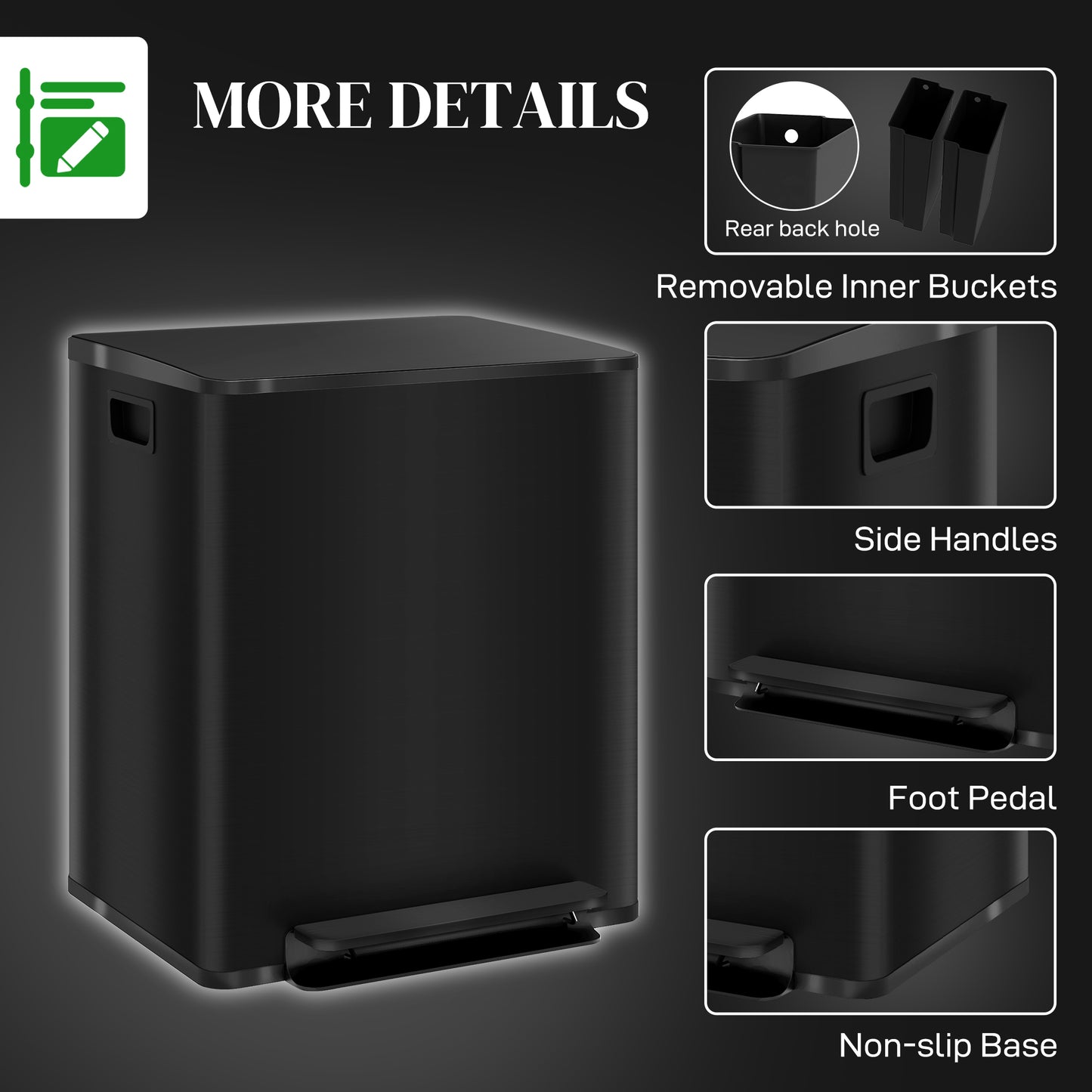 HOMCOM 50L Dual Compartment Stainless Steel Pedal Bin With Deodoriser Holders Black