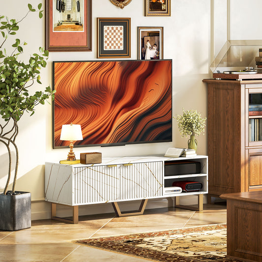 HOMCOM Marble Effect TV Unit For Up To 70 Inch TVs With Fluted Doors Open Shelves And Cable Management White
