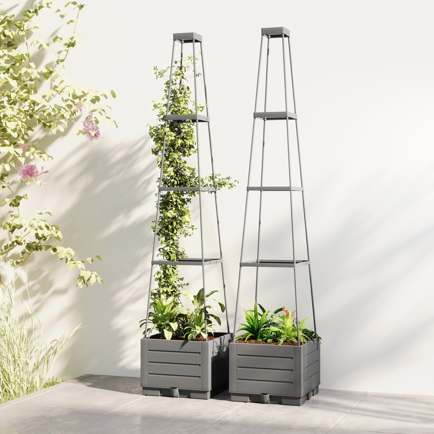 Outsunny Two Pack Raised Garden Bed With Trellis Plastic Outdoor Planter Box Removable Drainage Tray