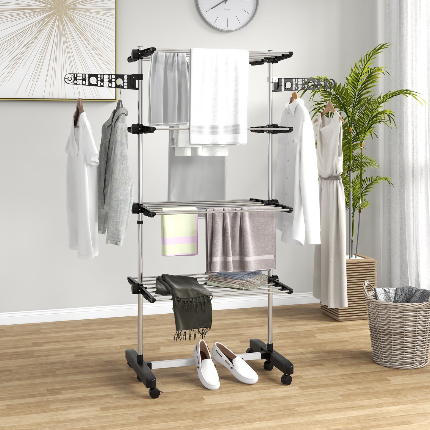 HOMCOM Four Shelf Collapsing Clothes Horse With Side Arms And Wheels Black Compact Foldable Drying Rack