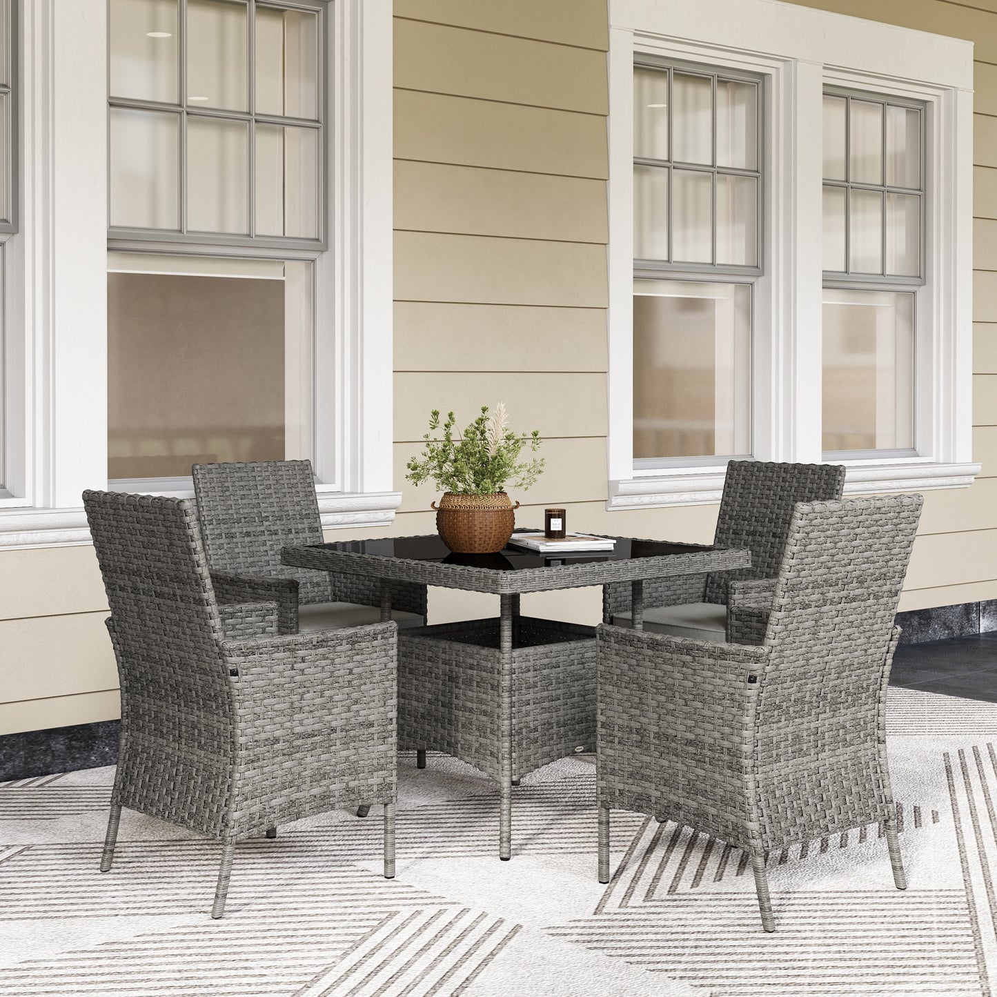 Outsunny Rattan Garden Furniture Set 4 Seater Outdoor Dining Table And Chairs With Cushions Grey Square Glass Top