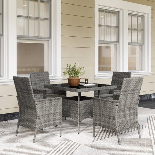 Outsunny Rattan Garden Furniture Set 4 Seater Outdoor Dining Table And Chairs With Cushions Grey Square Glass Top