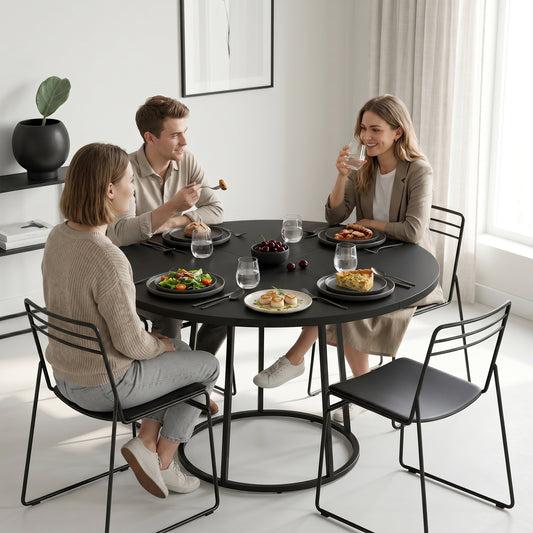Round black dining table with smooth tabletop and conical metal base for everyday meals