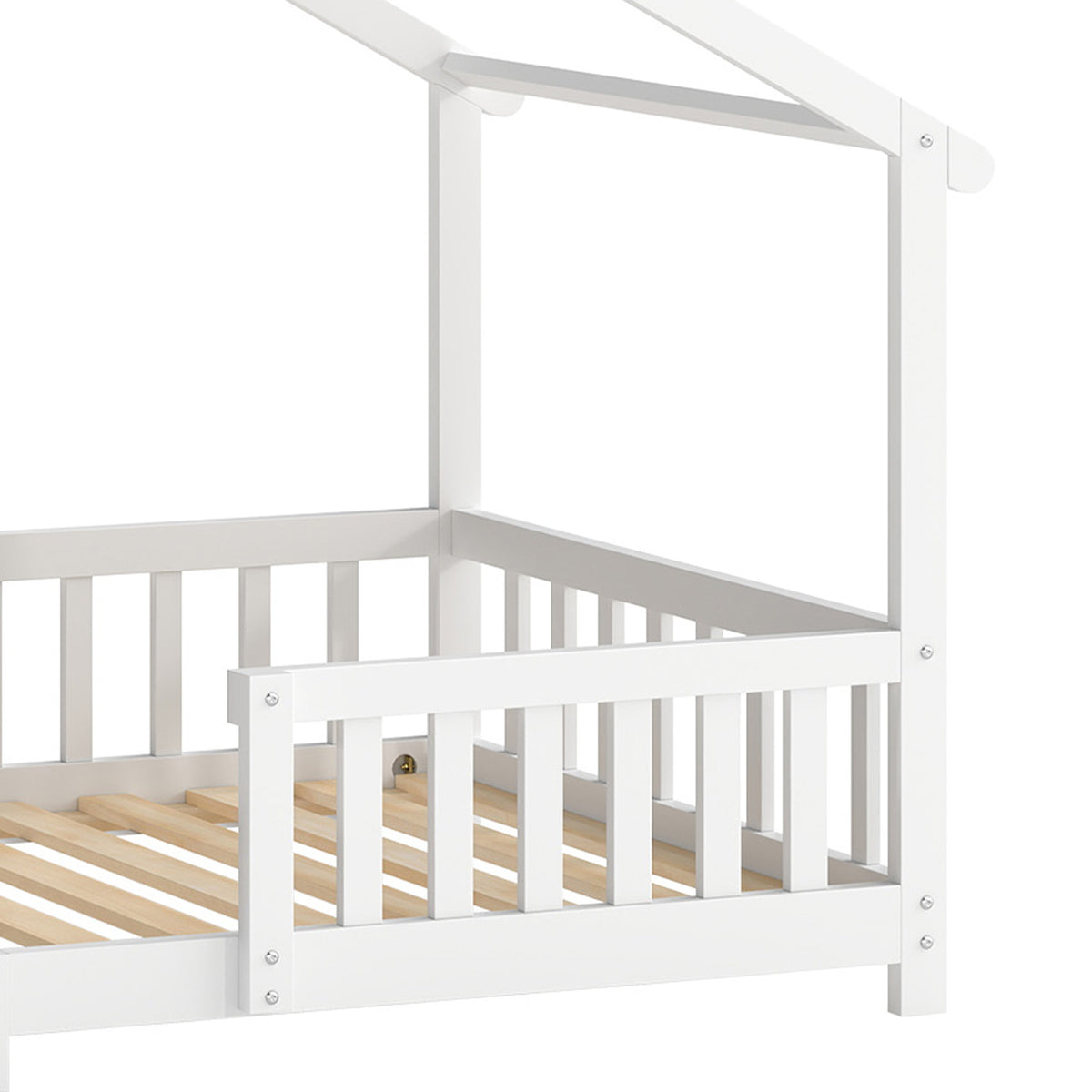 AIYAPLAY Solid Pine Wooden House Bed Frame for Kids with Dual Guardrails White