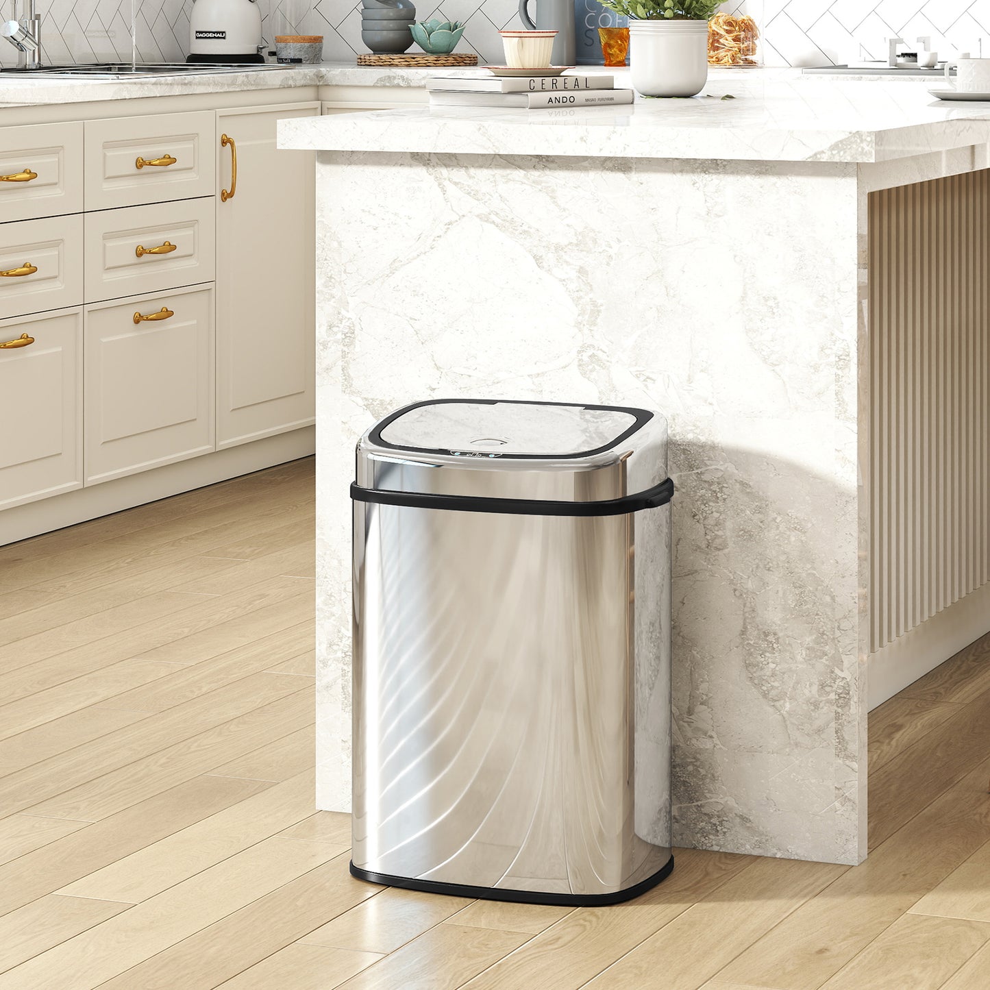 HOMCOM 50L Stainless Steel Sensor Bin Hands Free Lid Silver Tone Smart Kitchen Bin