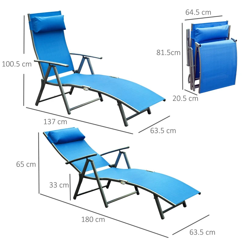 Outsunny Blue Folding Sun Lounger with Headrest - Steel Frame Outdoor Chaise Lounge Chair, 7-Level Adjustable Recliner - ALL4U RETAILER LTD