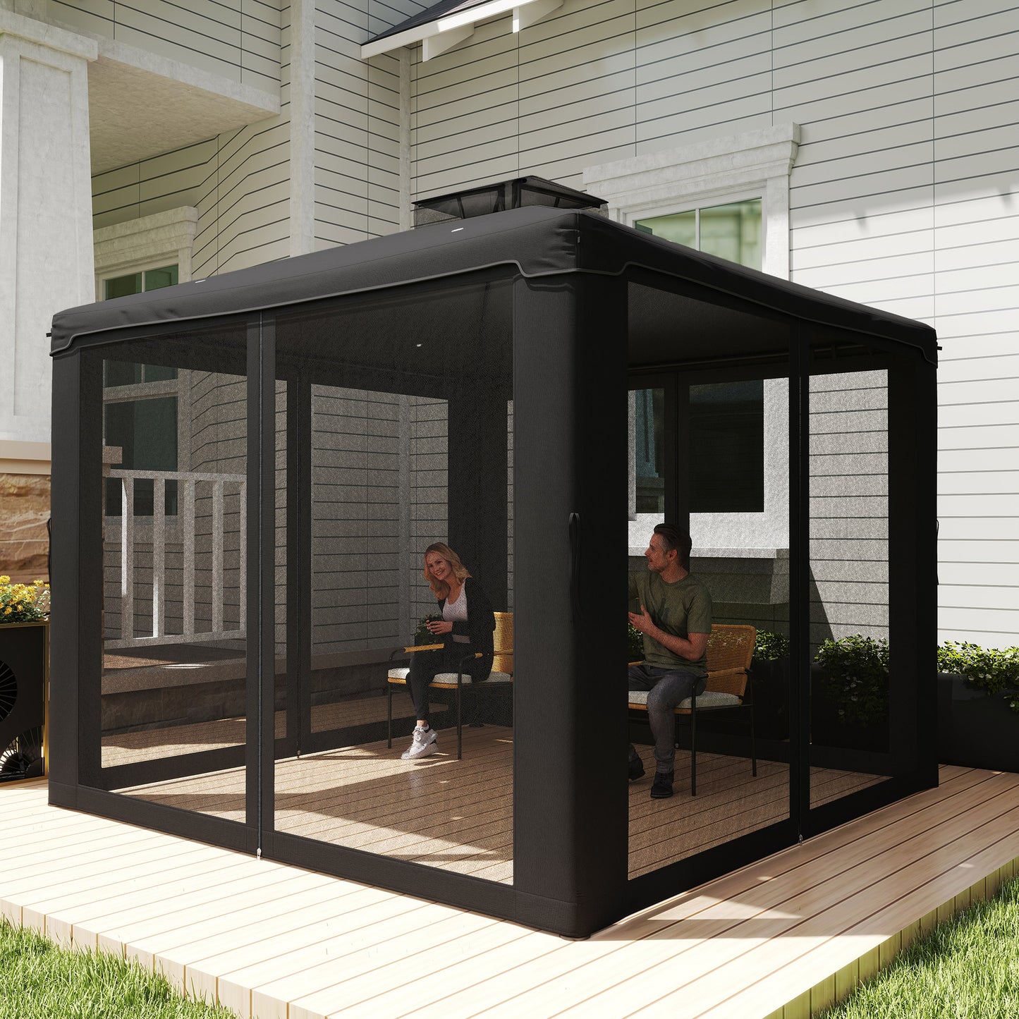 Outsunny 3x3m Metal Gazebo Garden Pavilion With Double Roof Outdoor Canopy Shelter And Mesh Sidewalls Black
