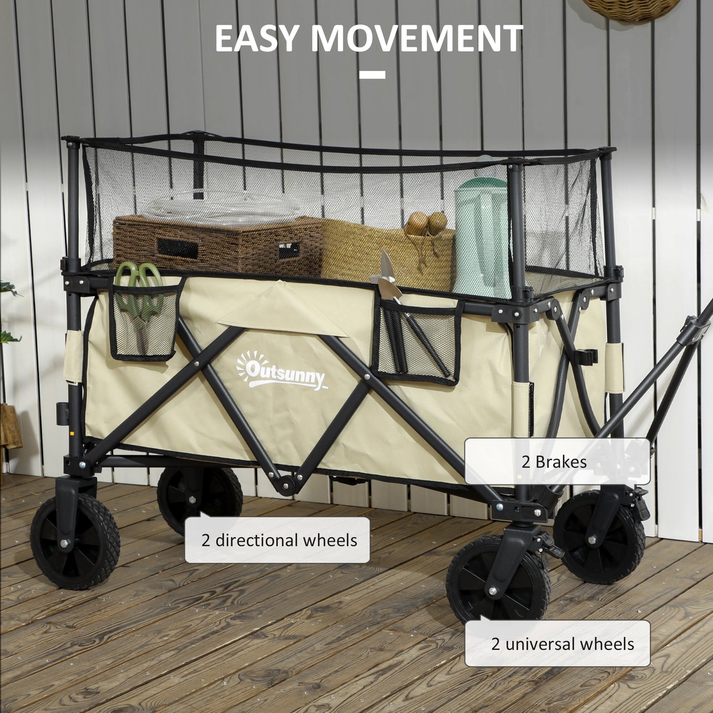 Outsunny Versatile Khaki Folding Trolley Wagon Cart with Extendable Side Walls for Beach and Camping - 180L Capacity - ALL4U RETAILER LTD