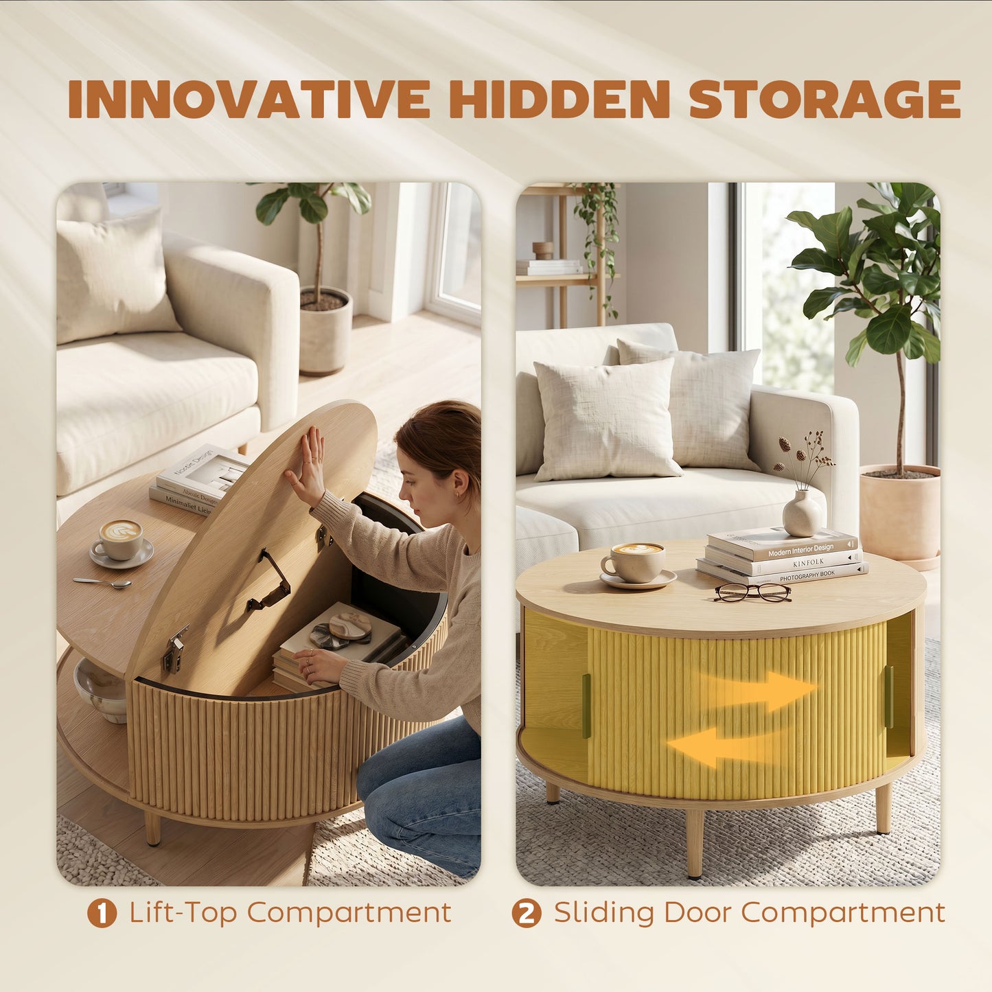 HOMCOM Lift Top Coffee Table With Hidden Storage Round Natural Wood 80 cm Fluted Sliding Door