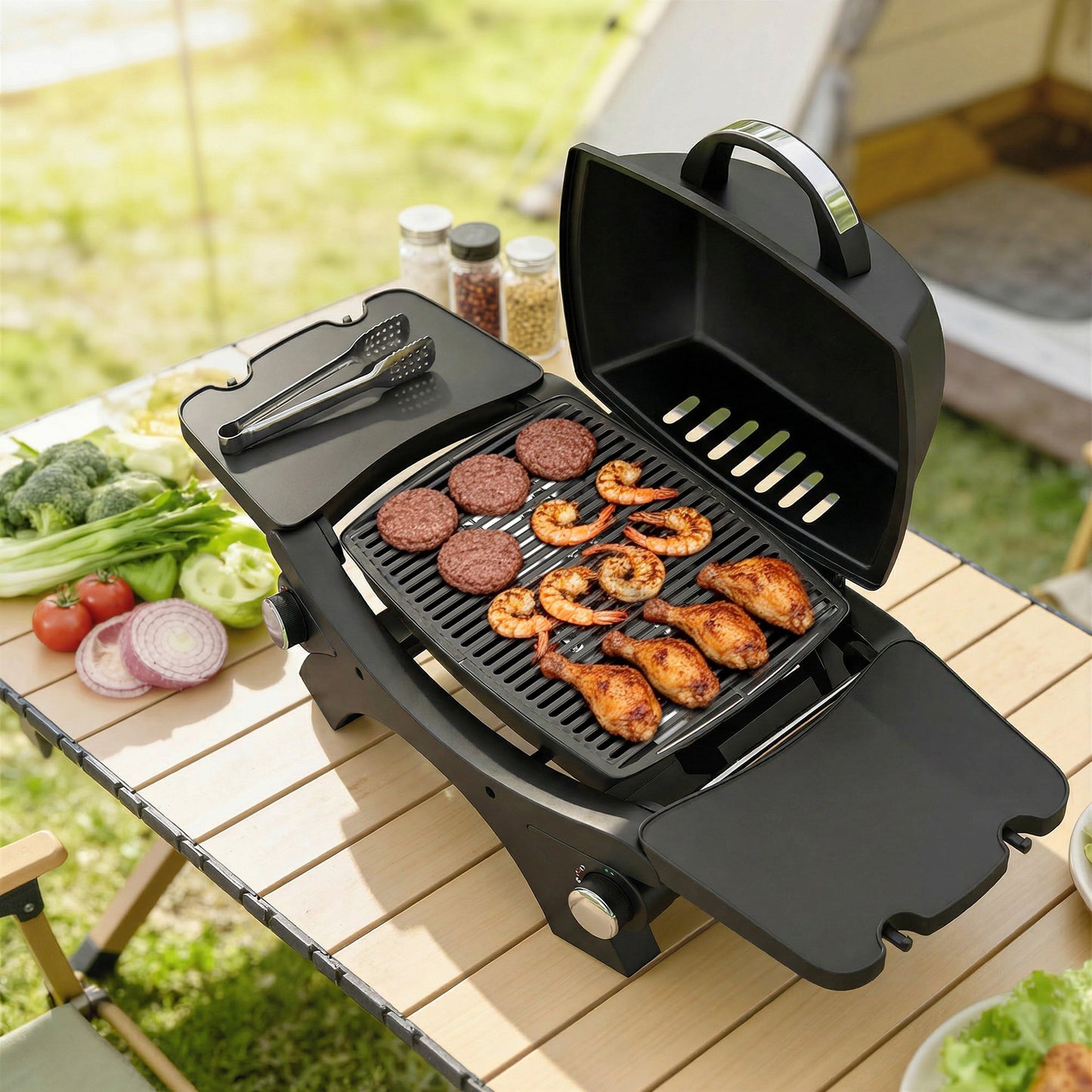 Outsunny 2 Burner Gas Grill With Detachable Side Tables 3.8 KW Steel BBQ Grill Cast Iron Grates Lid And Thermometer