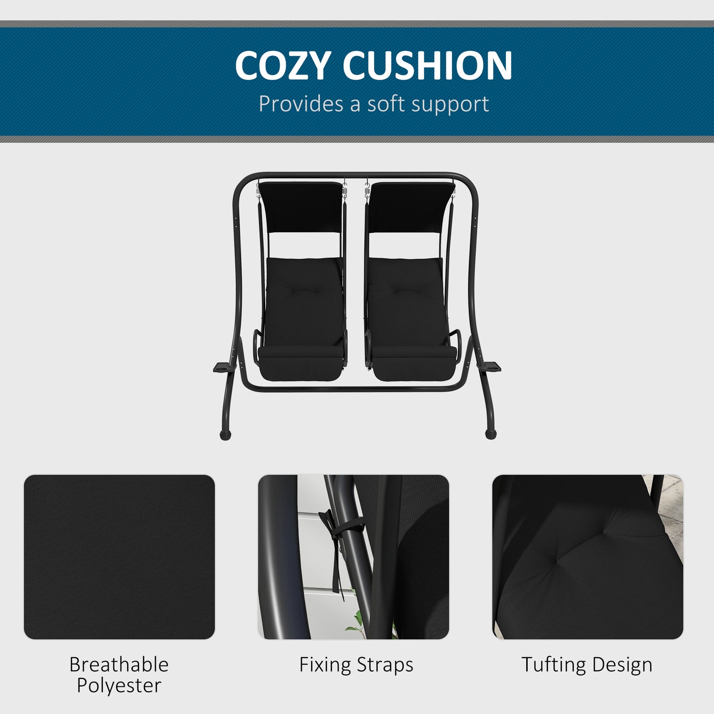 Outsunny Two Seat Garden Swing Chair With Protective Canopy Cup Holders And Sturdy Curved Steel Frame Black