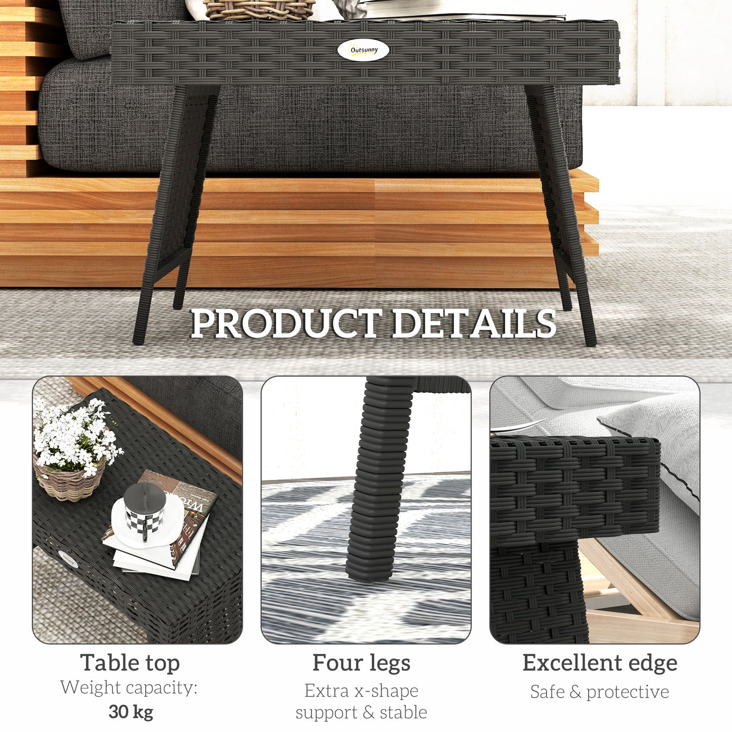 Outsunny Foldable Outdoor Side Table Rattan Garden Table With Steel Frame Space Saving Patio Balcony Black 60x41x41 Cm