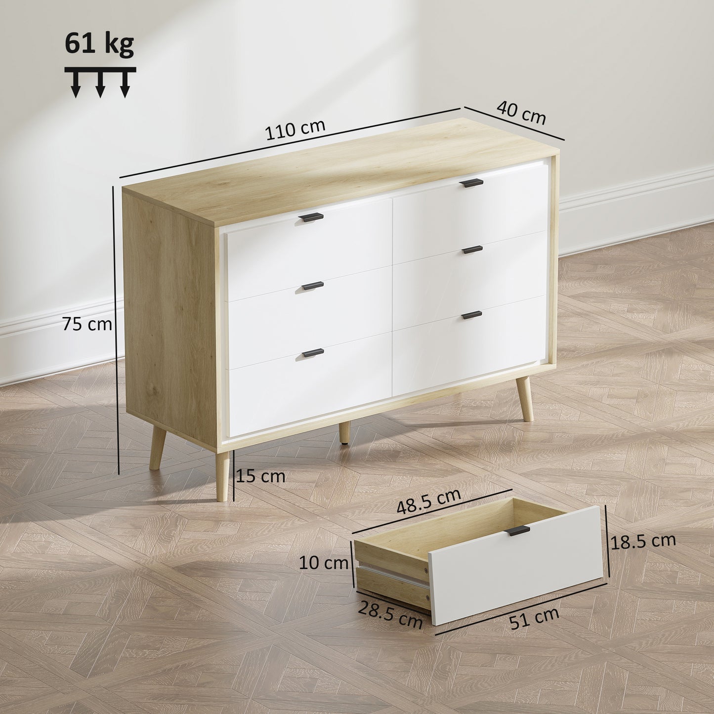 HOMCOM White High Gloss Chest of Drawers with Six Drawers and Five Legs for Bedroom
