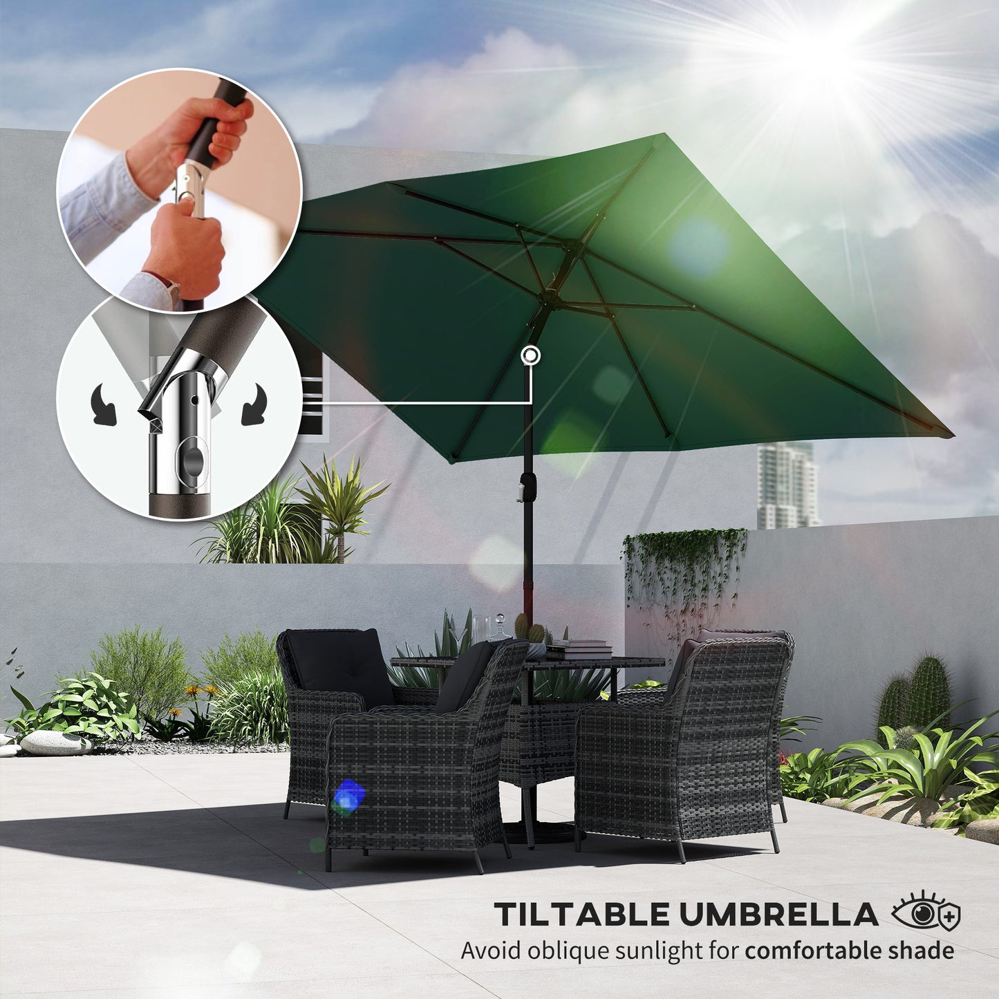 Outsunny Garden Parasol Umbrella With Crank Handle Tilt Function 180g Fade Resistant Polyester Canopy Green