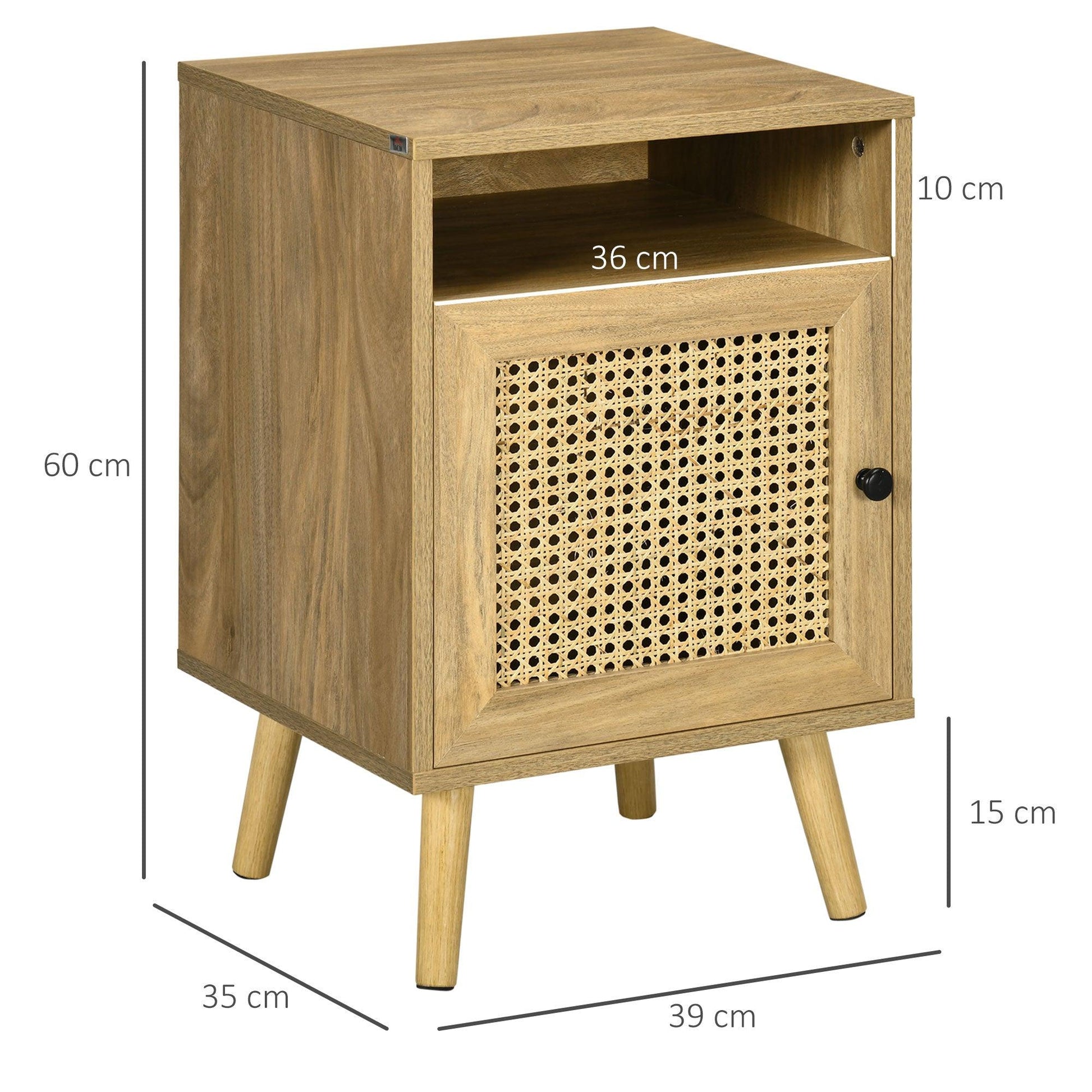 HOMCOM Bedside Table with Rattan Element, Side End Table with Shelf and Cupboard, 39cmx35cmx60cm, Set of 2, Natural - ALL4U RETAILER LTD