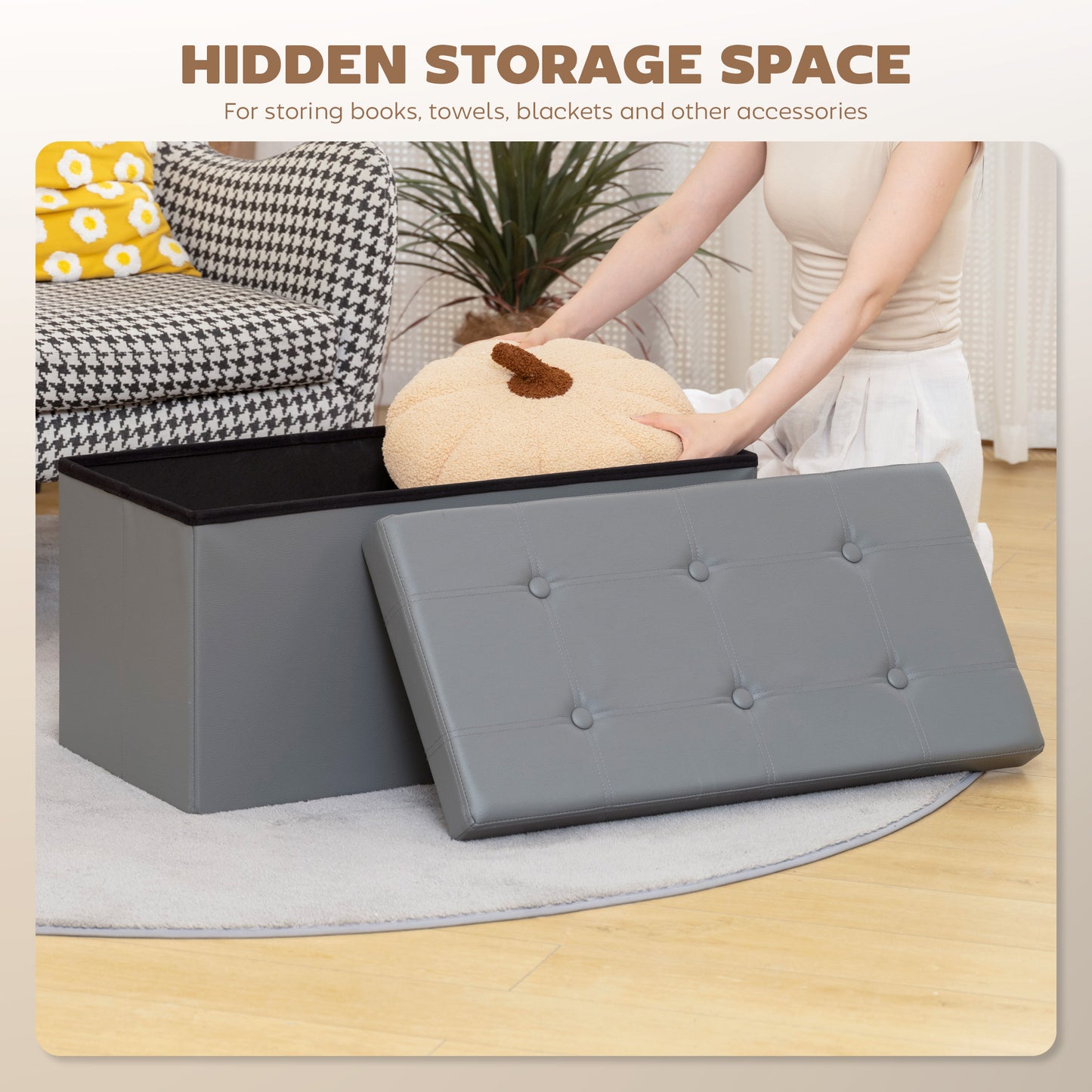 HOMCOM Storage Ottoman Bench 89L PU Leather Folding Foot Rest Stool End Bed Bench For Living Room Bedroom Entryway Grey