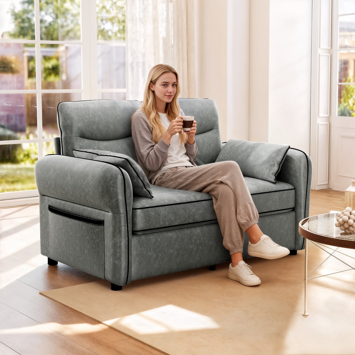 HOMCOM 2 Seater Sofa Faux Leather Loveseat Grey With Black Piping And Comfortable Foam Padding