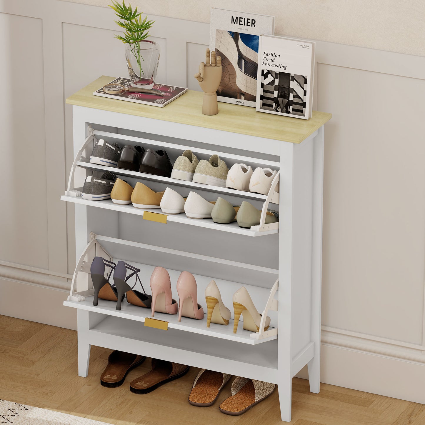 HOMCOM Narrow Boho Rattan Style Shoe Cabinet With 2 Flip Drawers Holds 14 Pairs White