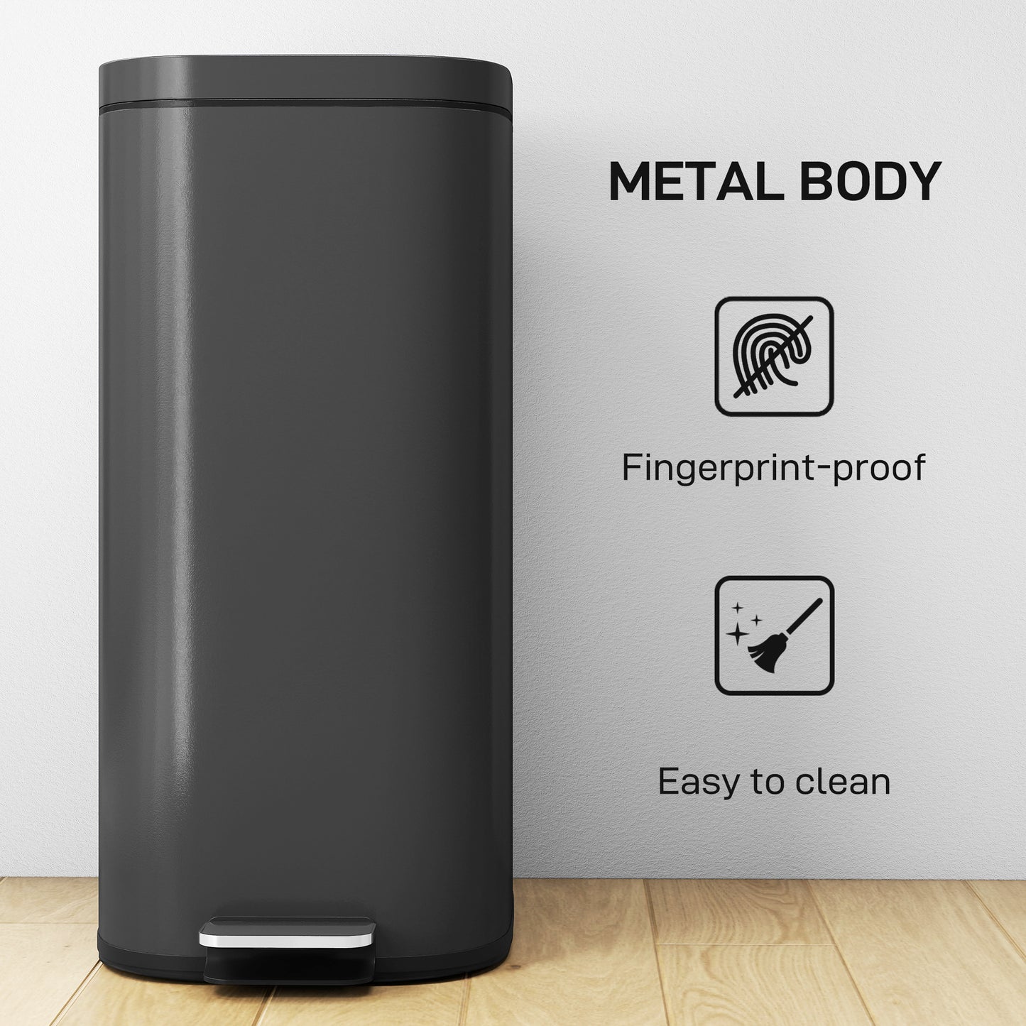HOMCOM 30L Kitchen Bin with Pedal Soft Close Stay Open Lid Removable Inner Bucket Black