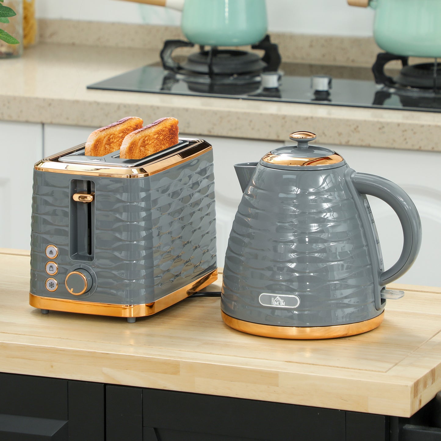 HOMCOM 3000W 1.7L Rapid Boil Kettle And 2 Slice Toaster Set In Grey With 7 Browning Levels And Crumb Tray