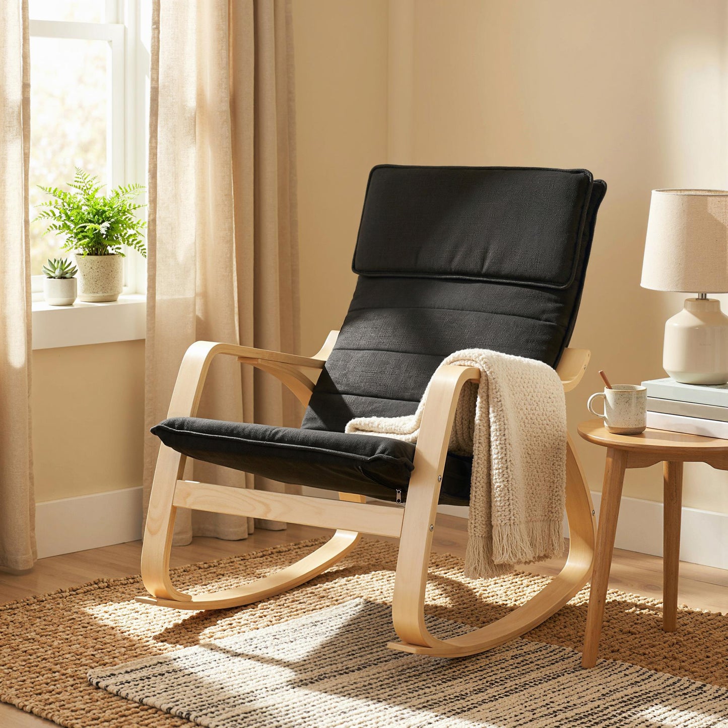 HOMCOM Rocking Lounge Chair With Headrest Black Linen Look Fabric Adjustable From 47 Cm