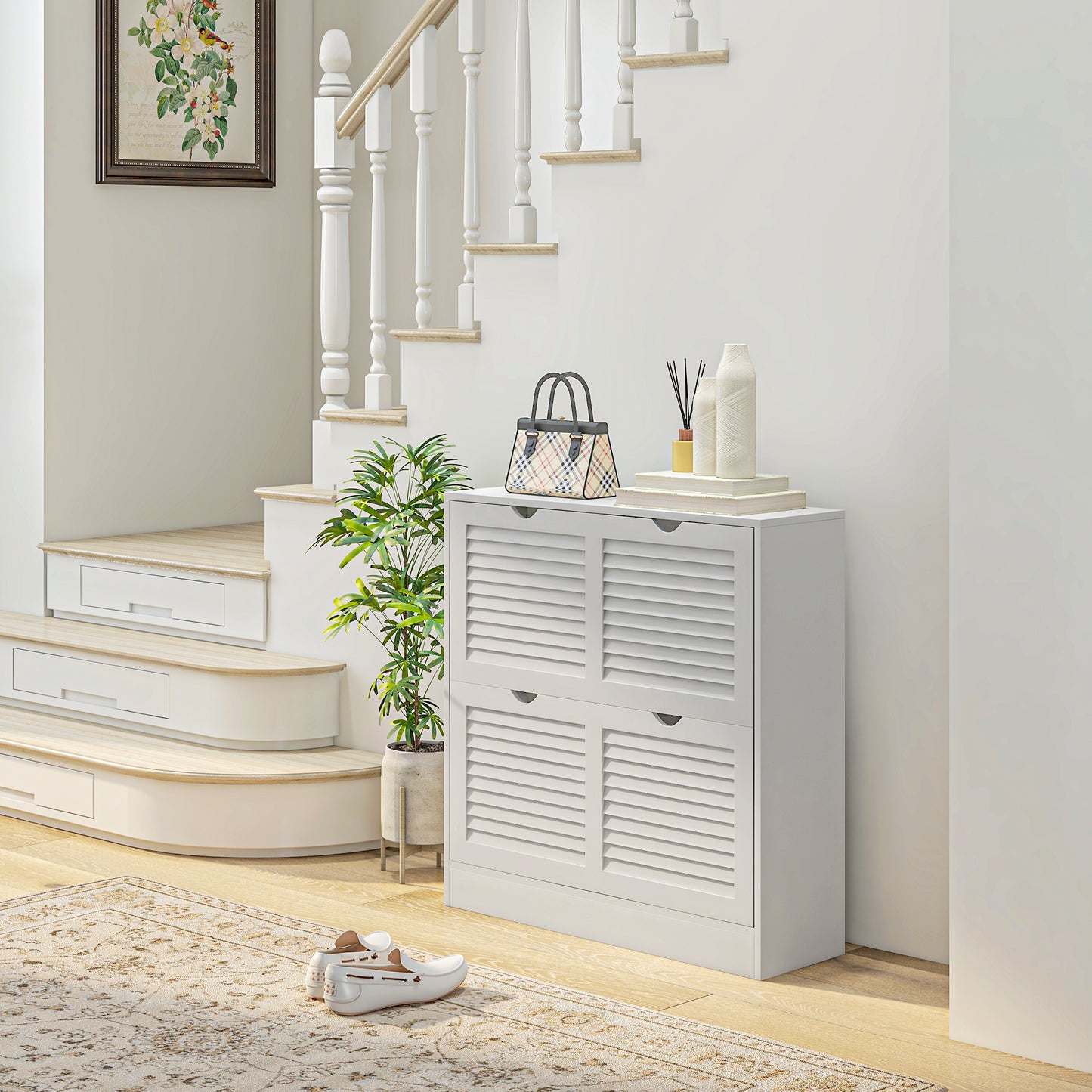 HOMCOM Narrow Entryway Shoe Cabinet With 2 Flip Drawers Louvered Doors Adjustable Shelves Fits 16 Pairs White