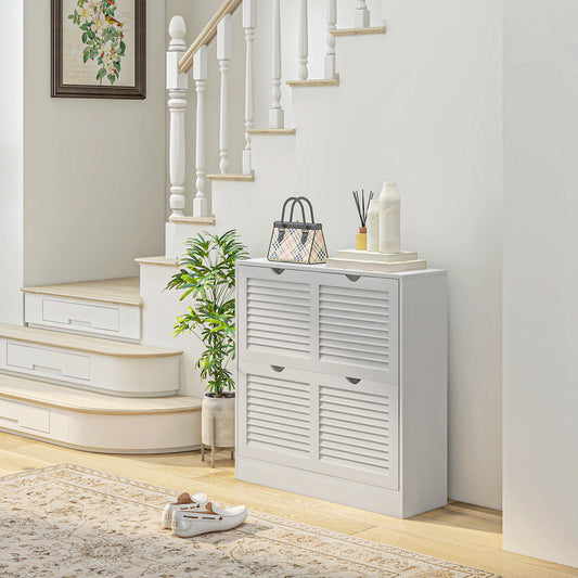 HOMCOM Narrow Entryway Shoe Cabinet With 2 Flip Drawers Louvered Doors Adjustable Shelves Fits 16 Pairs White