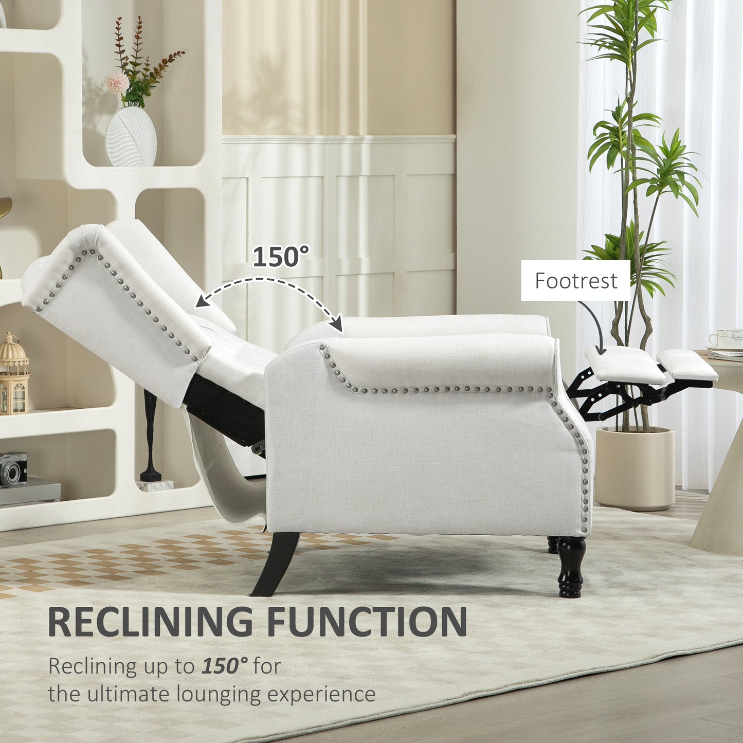 HOMCOM Vintage Cream White Recliner Armchair with Nail Head Trim and Tufted Wingback Design for Relaxation