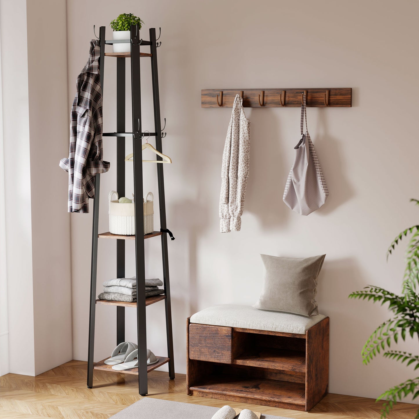 HOMCOM Industrial Style Four Shelf Coat Stand with Eight Hooks for Entryway Organization Brown and Black