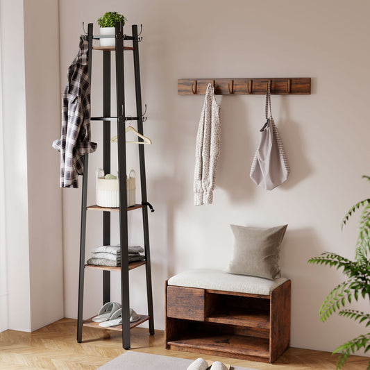 HOMCOM Industrial Style Four Shelf Coat Stand with Eight Hooks for Entryway Organization Brown and Black