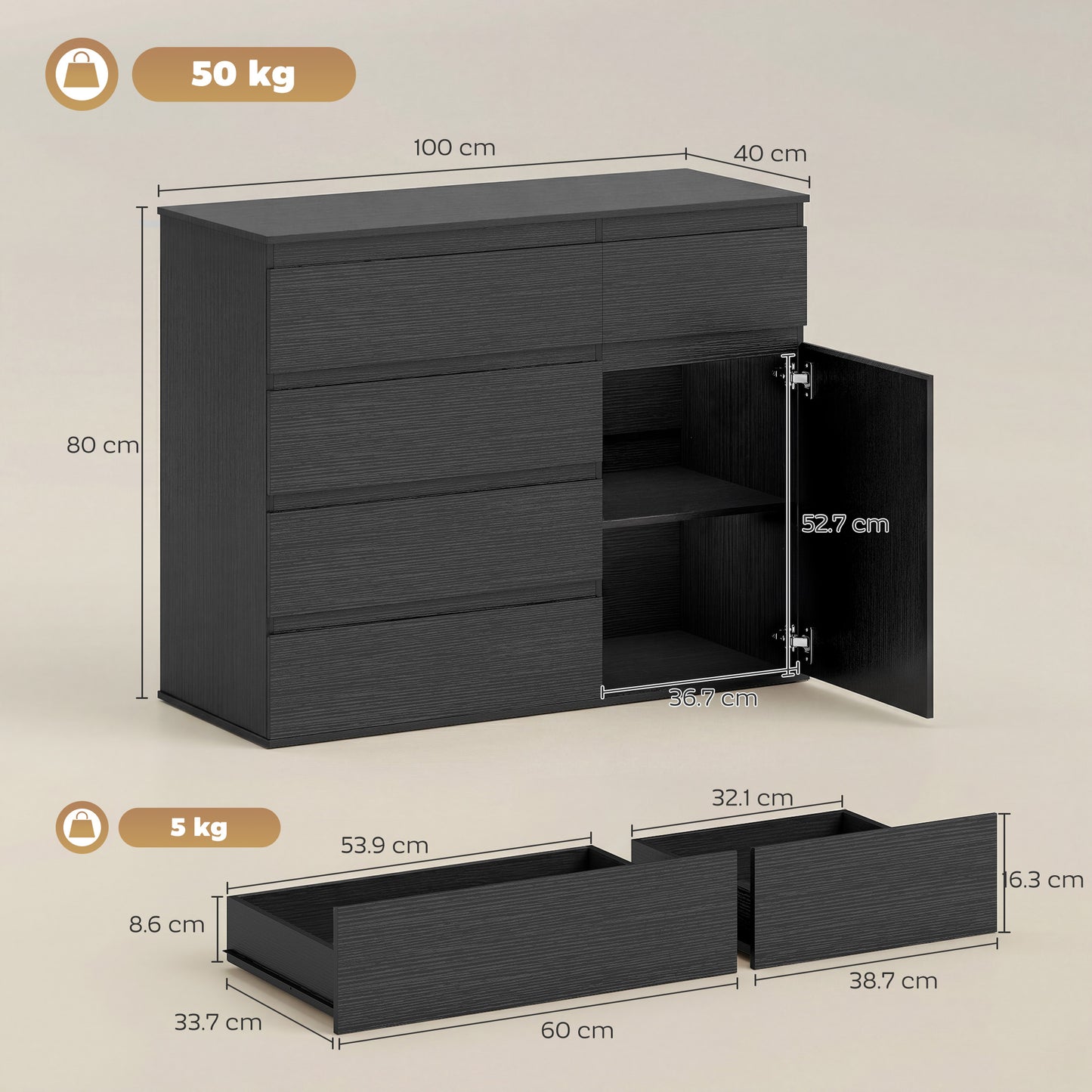 HOMCOM Modern Sideboard With 5 Drawers And Adjustable Shelf Soft Close Door Black Finish