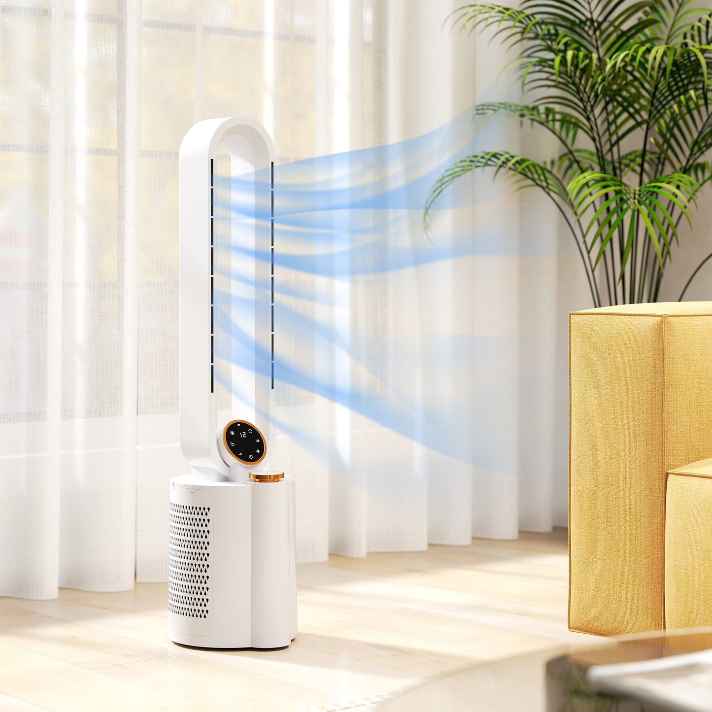 HOMCOM Bladeless Tower Fan And Humidifier White Multi Mode UV Sterilisation Low Noise 28 dB