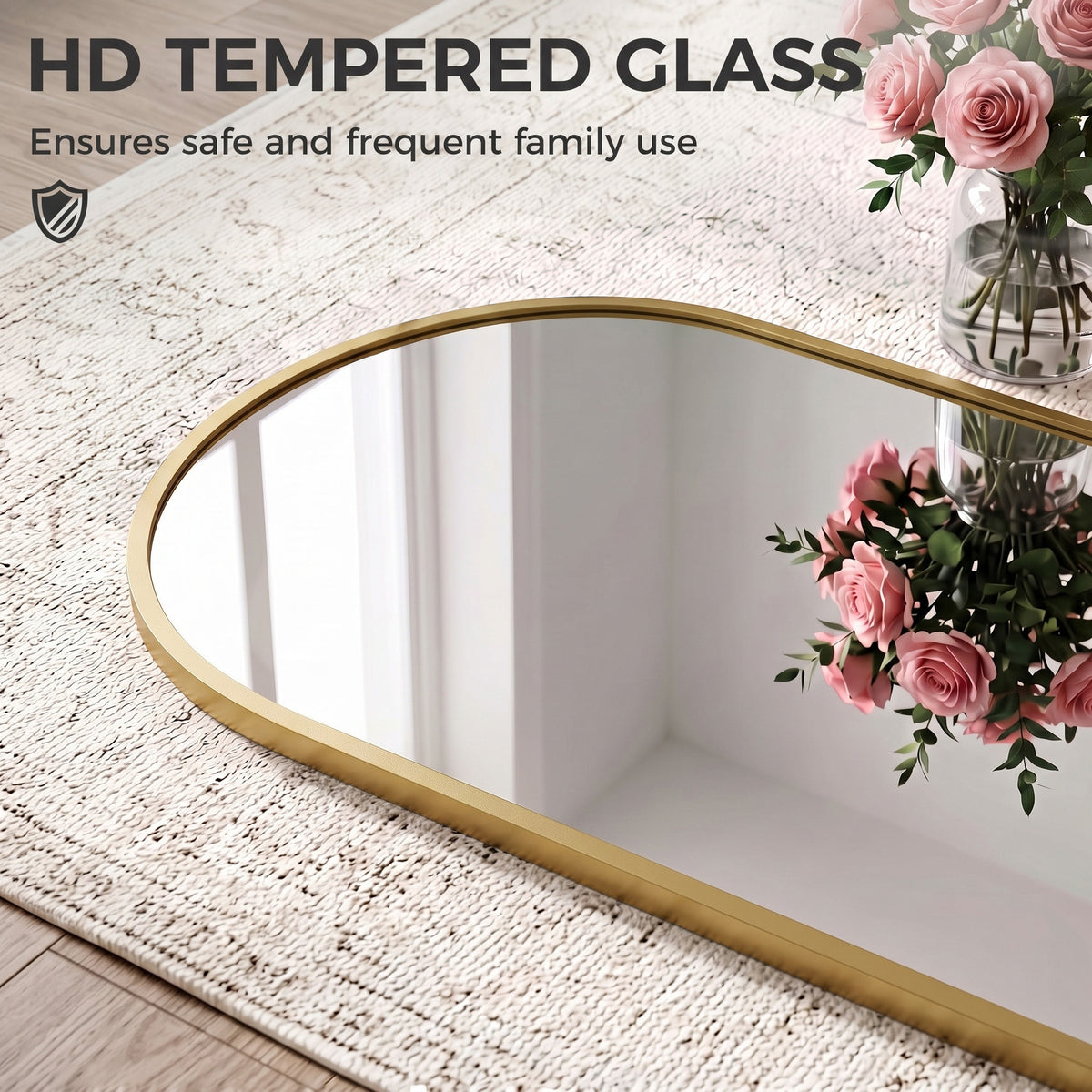 Arched mirror with gold frame and HD tempered glass