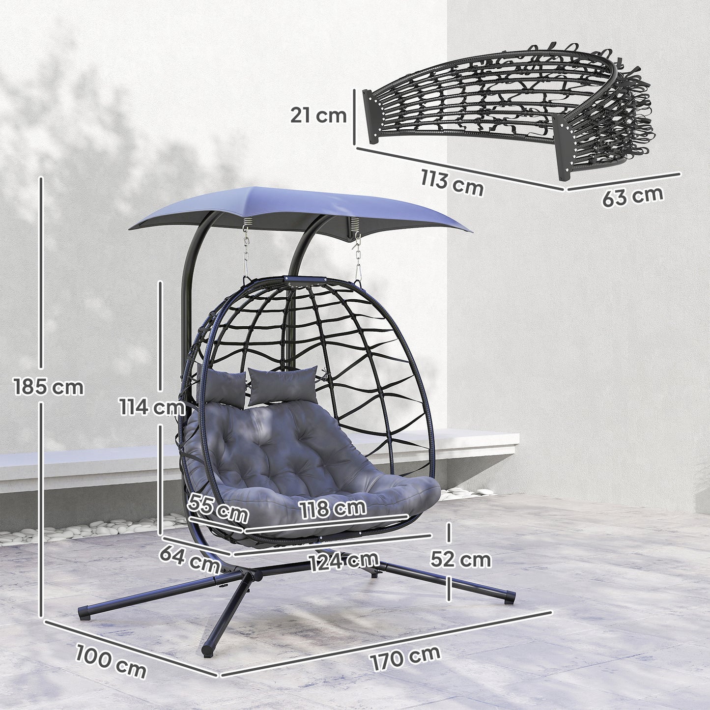 Outsunny Double Rattan Egg Chair With Canopy Powder Coated Steel Frame For Outdoor Garden Patio Two Seater Black