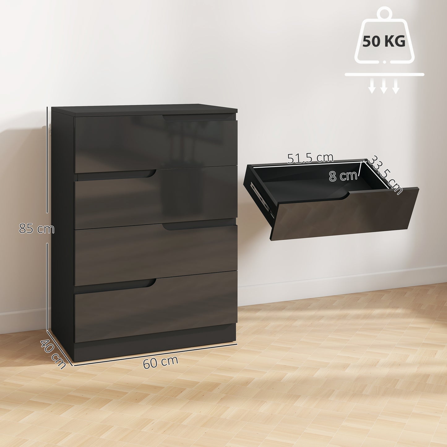 HOMCOM Four Drawer Chest With High Gloss Front Drawers In Black For Modern Bedroom Storage